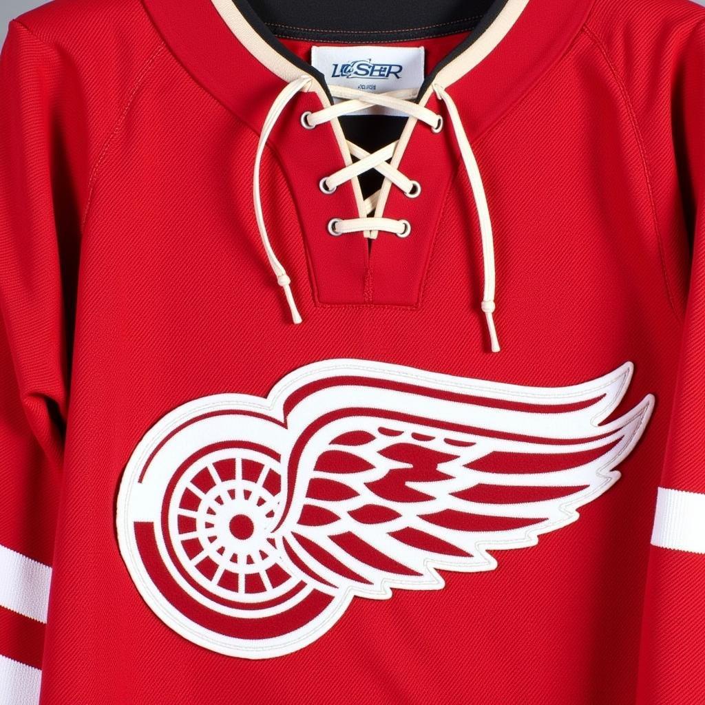 Close-up view of the 2009 Red Wings Winter Classic jersey, highlighting the vintage lace-up collar and the unique sleeve stripe pattern.