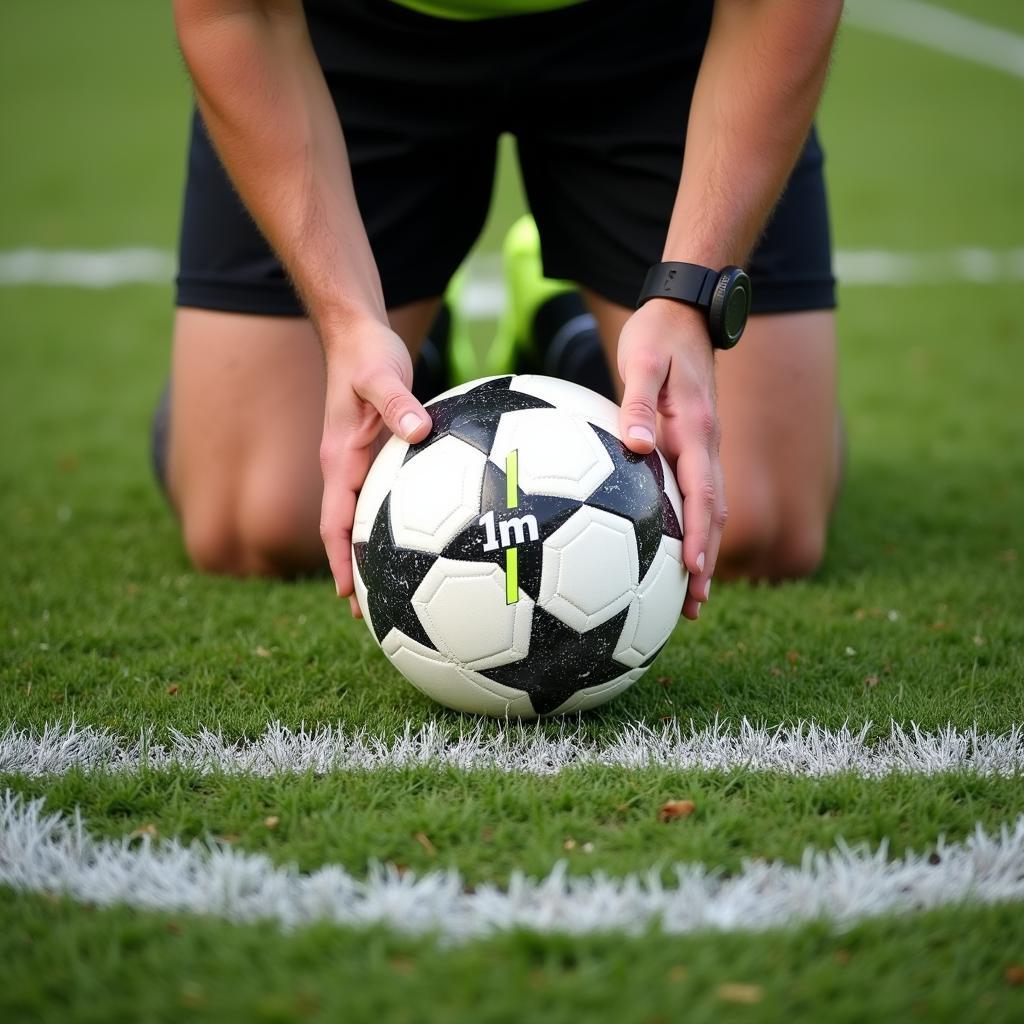 Referee carefully positioning the ball on the penalty spot for a crucial penalty kick.