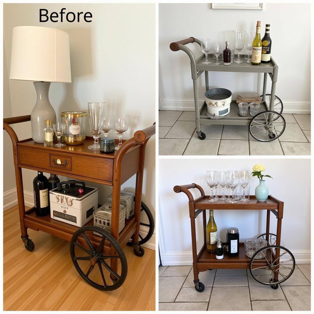 A creatively repurposed hotel luggage cart transformed into a stylish bar cart for home entertaining.