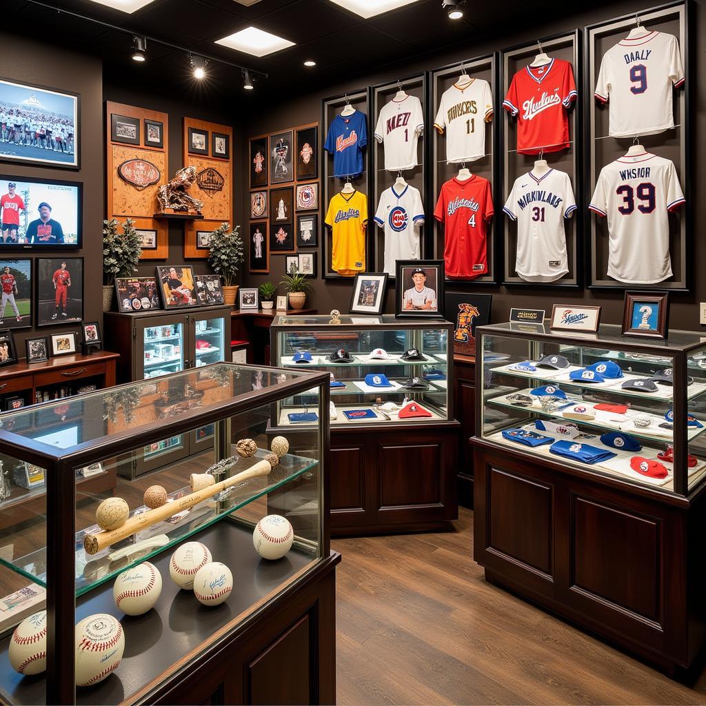 A well-lit sports memorabilia store interior with a wide selection of autographed items, including baseball bats