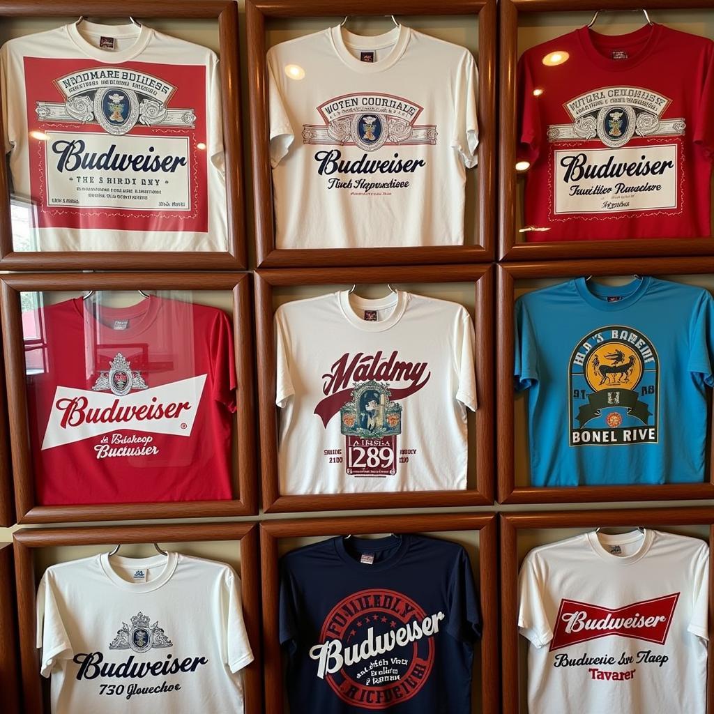 A collection of framed retro Budweiser t-shirts displayed on a wall.