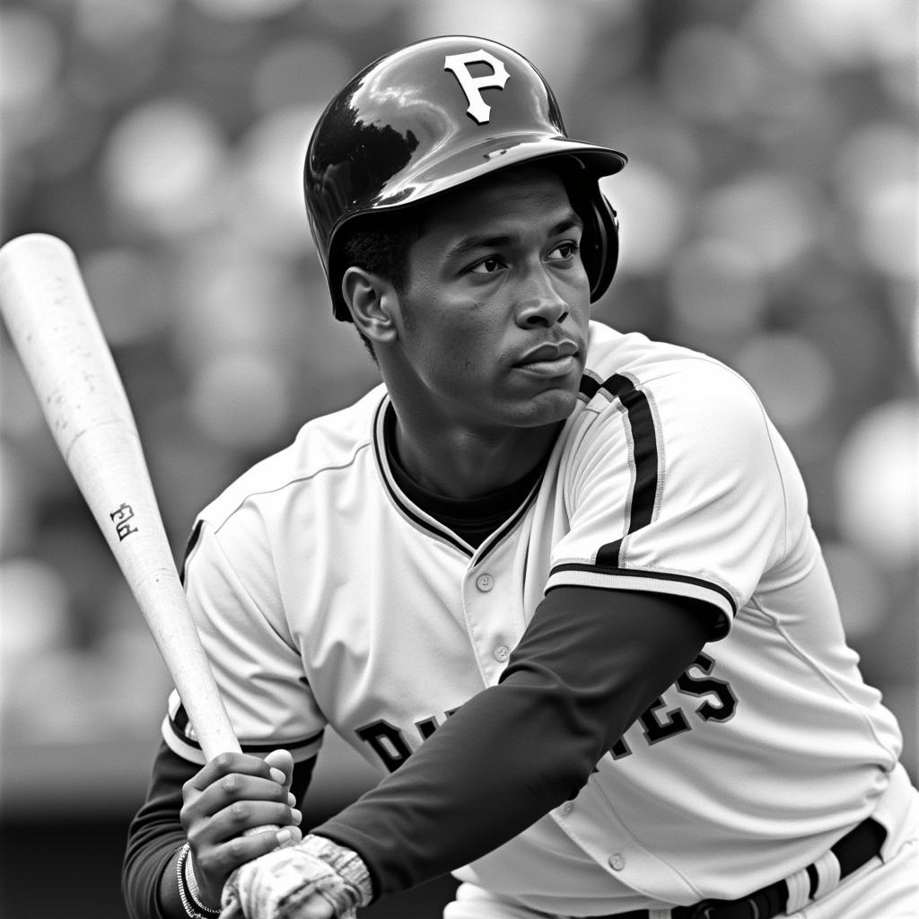 Roberto Clemente wearing the 1971 Pittsburgh Pirates hat during a game