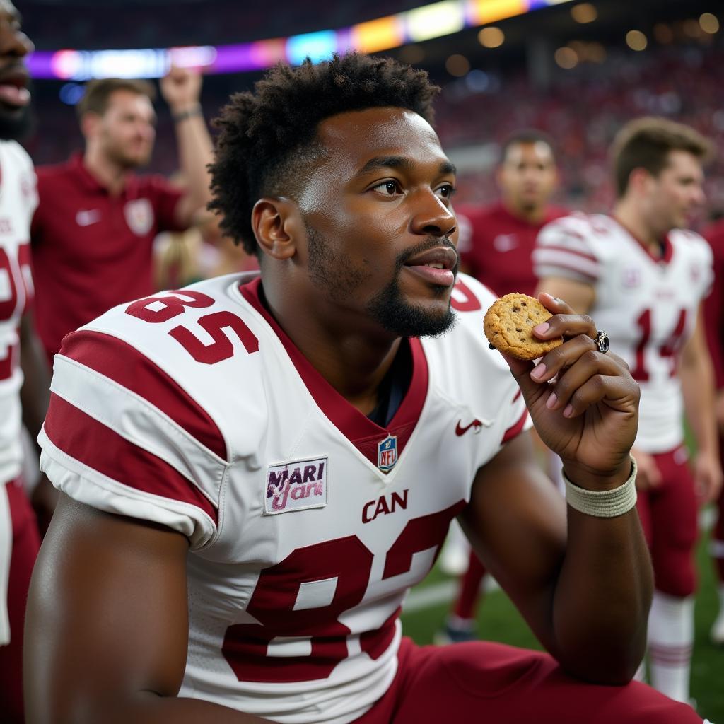 Football player consuming a rocket cookie post-game