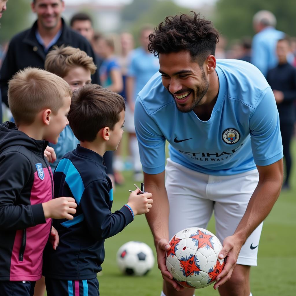 Rodri signing an autograph for a young fan