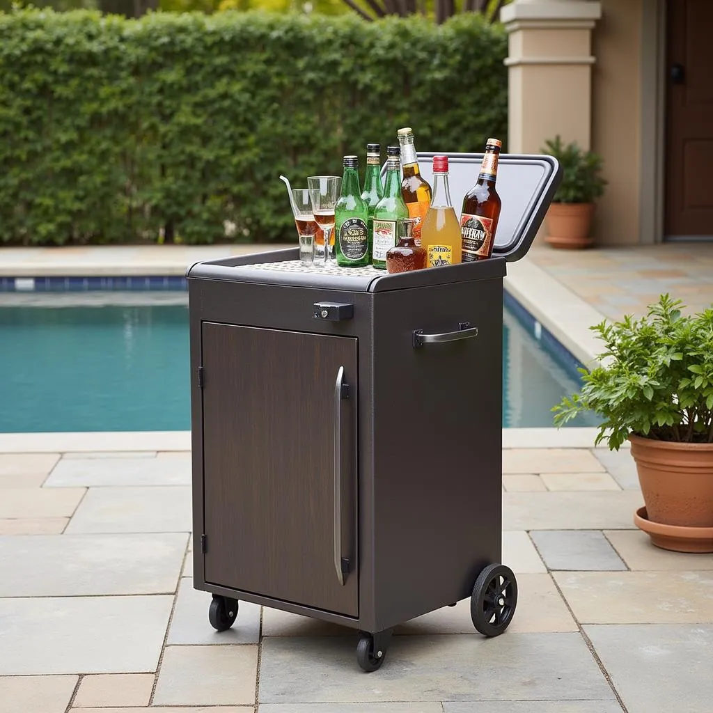 rolling beverage cooler on a patio