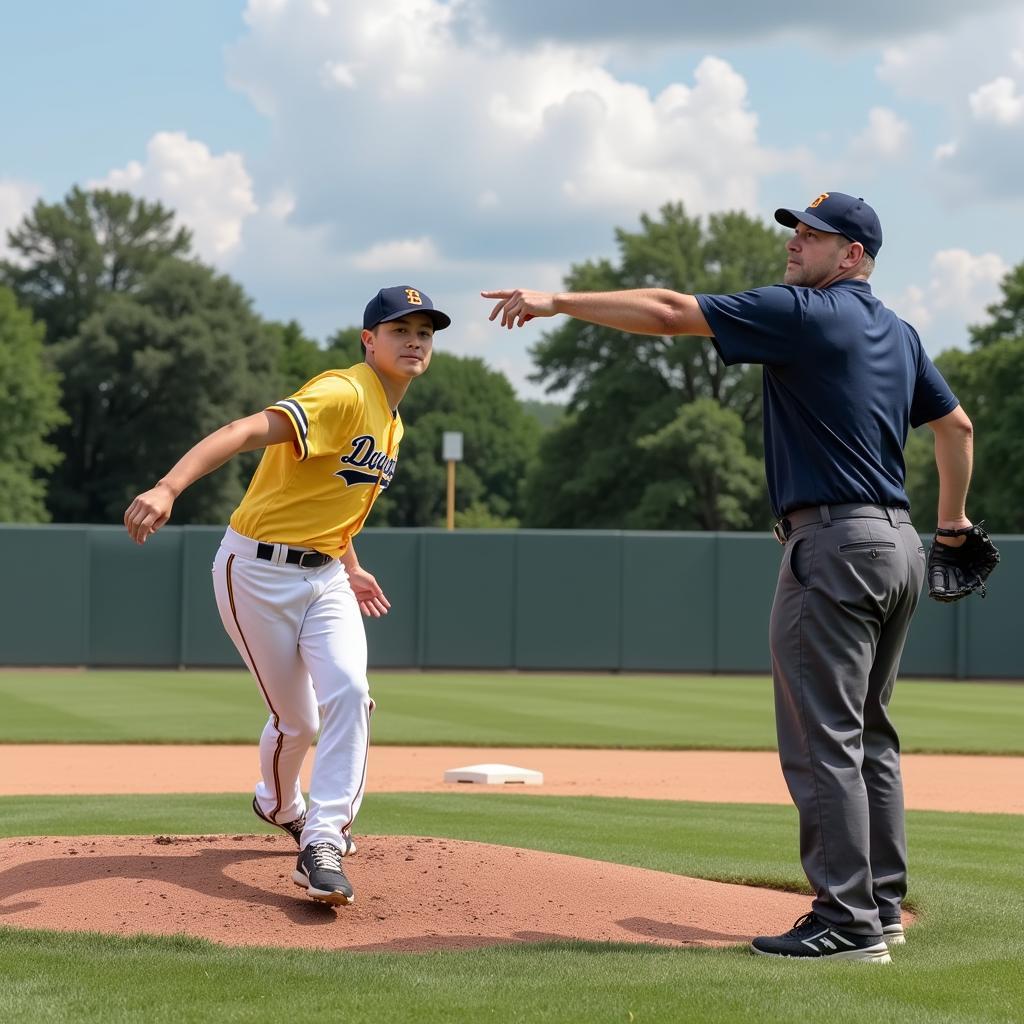 A pitching coach in Roseville providing guidance to a young athlete