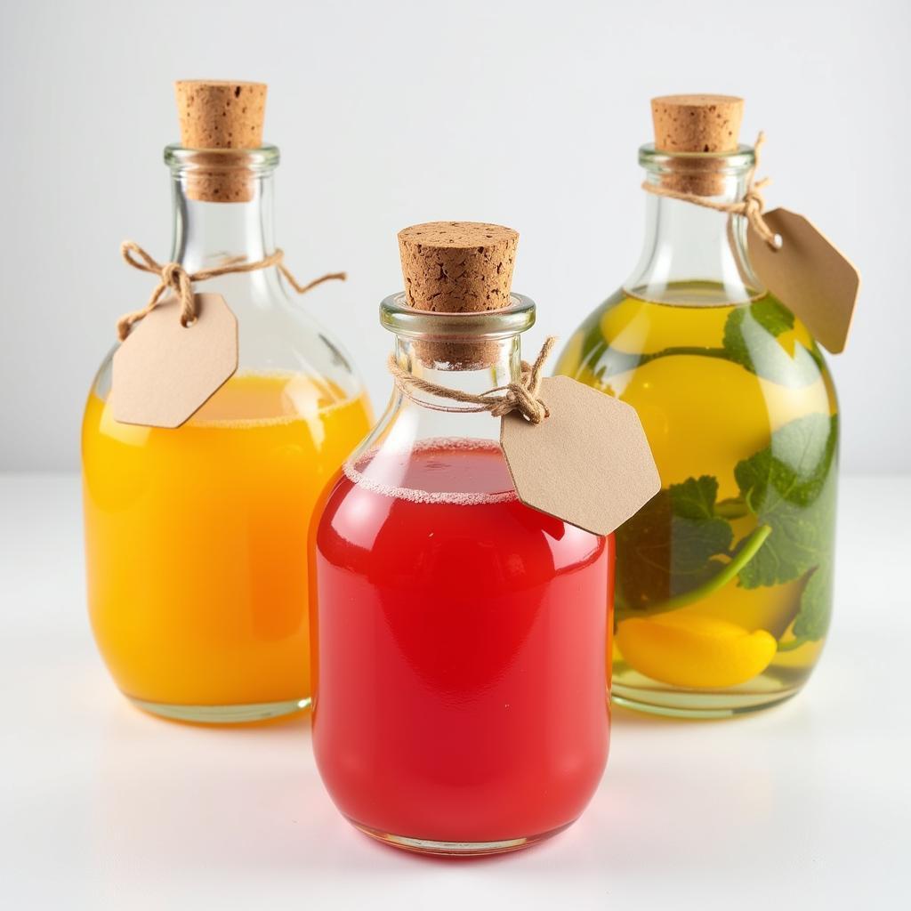 Round Glass Bottles with Cork Holding Colorful Beverages