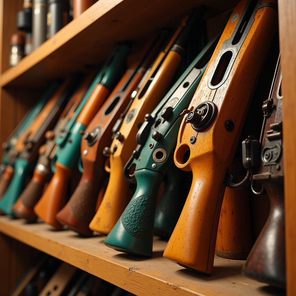 A collection of rubber band guns displayed on a shelf