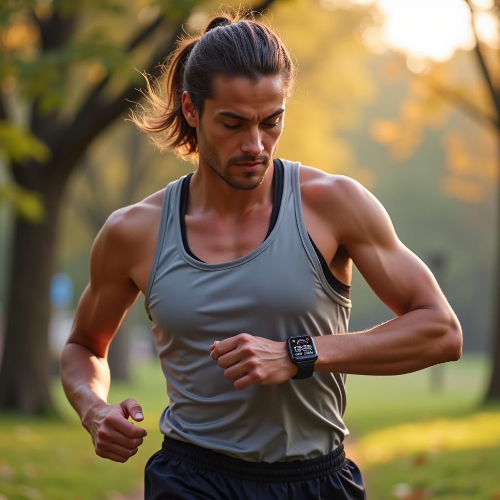 Runner checking their progress on a smartwatch