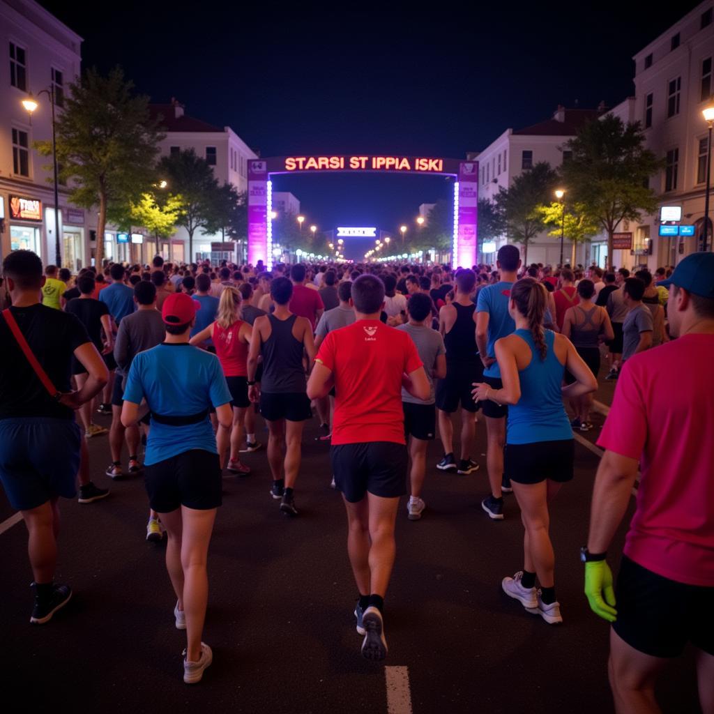 Runners preparing for a night 5k at the starting line.