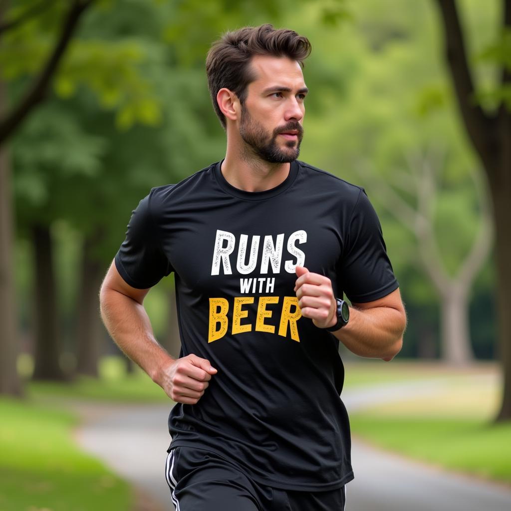 Man wearing a stylish "Runs with Beer" t-shirt while running in a park