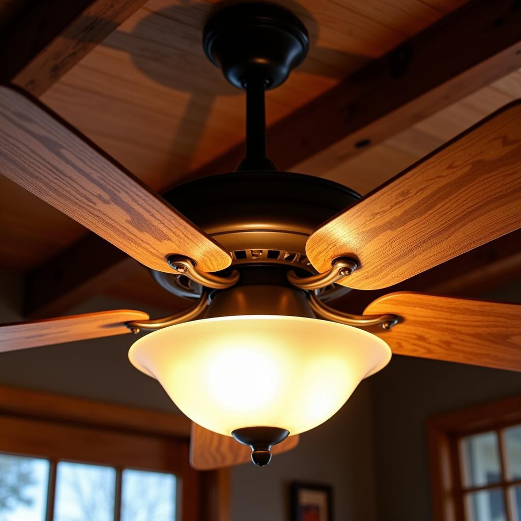 Rustic ceiling fan with wooden blades and vintage lights