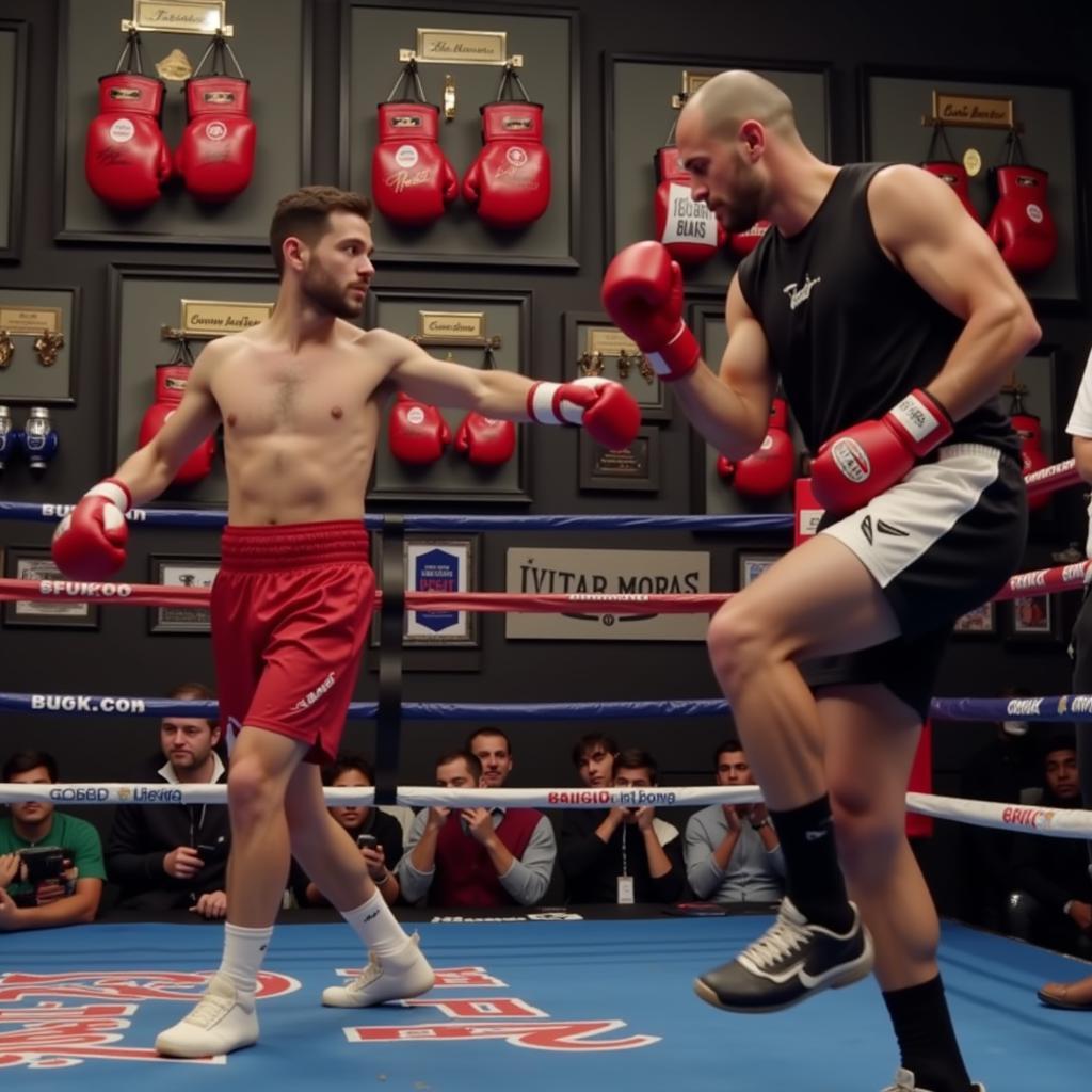 Ryan Garcia shadow boxing in the ring with signed boxing gloves hanging in the background