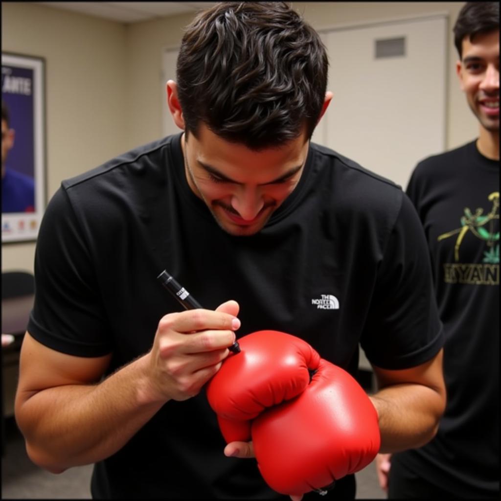 Ryan Garcia signing a pair of boxing gloves