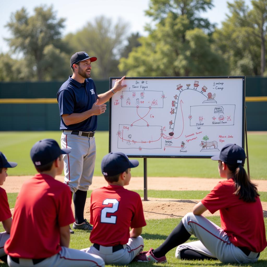 A baseball coach giving instructions to young players at a Sacramento baseball camp