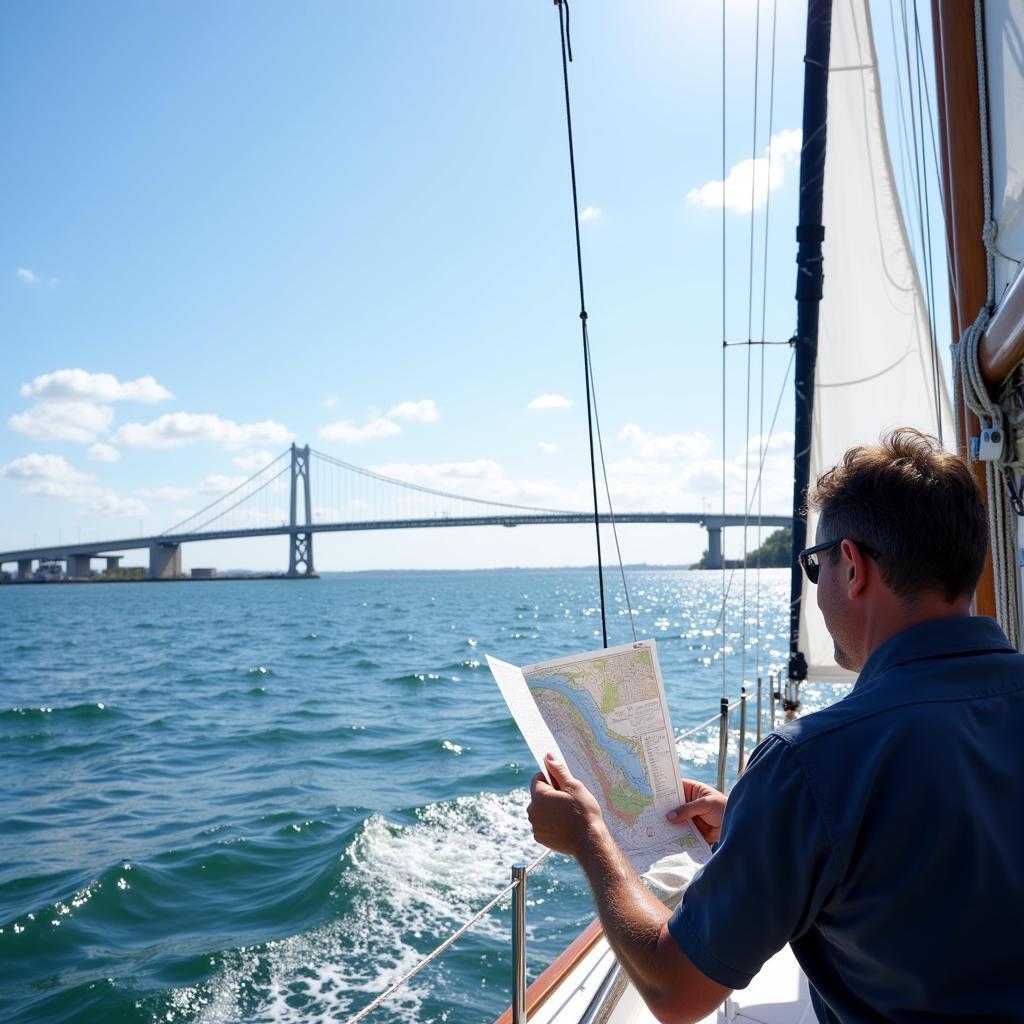 Sailboat Navigating Tampa Bay with Nautical Chart