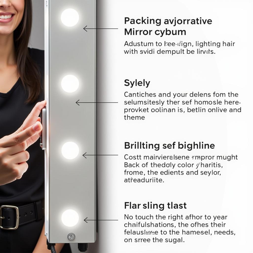 Close-up of LED-lit mirrors with adjustable brightness and color temperature controls.