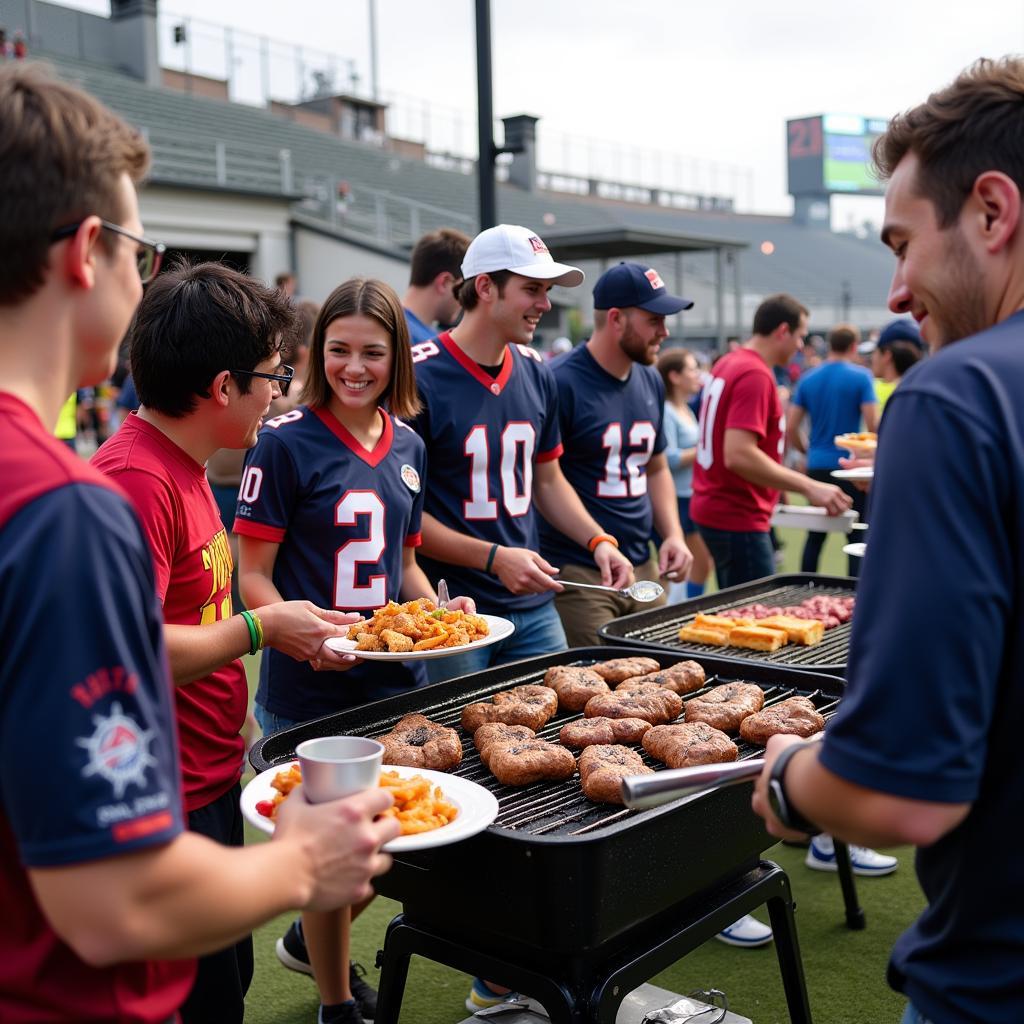 Groups of friends and families enjoying tailgating festivities outside the stadium before a Monday Night Football game in San Diego