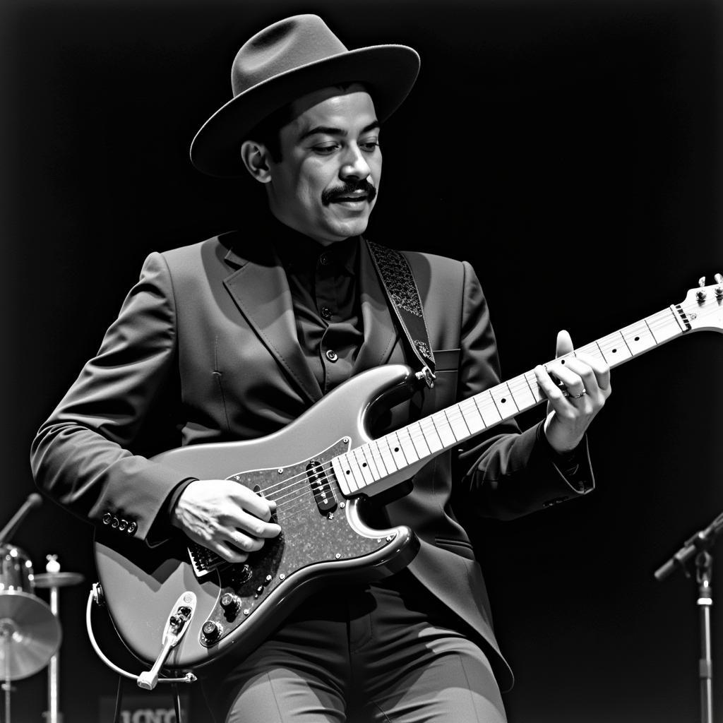 A black and white photo of Carlos Santana performing on stage wearing his signature hat