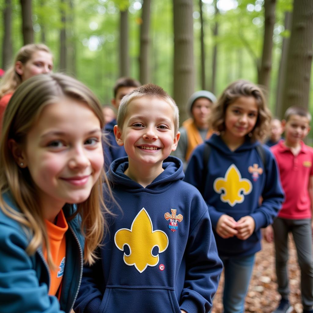 Scouts wearing sweatshirts at camp