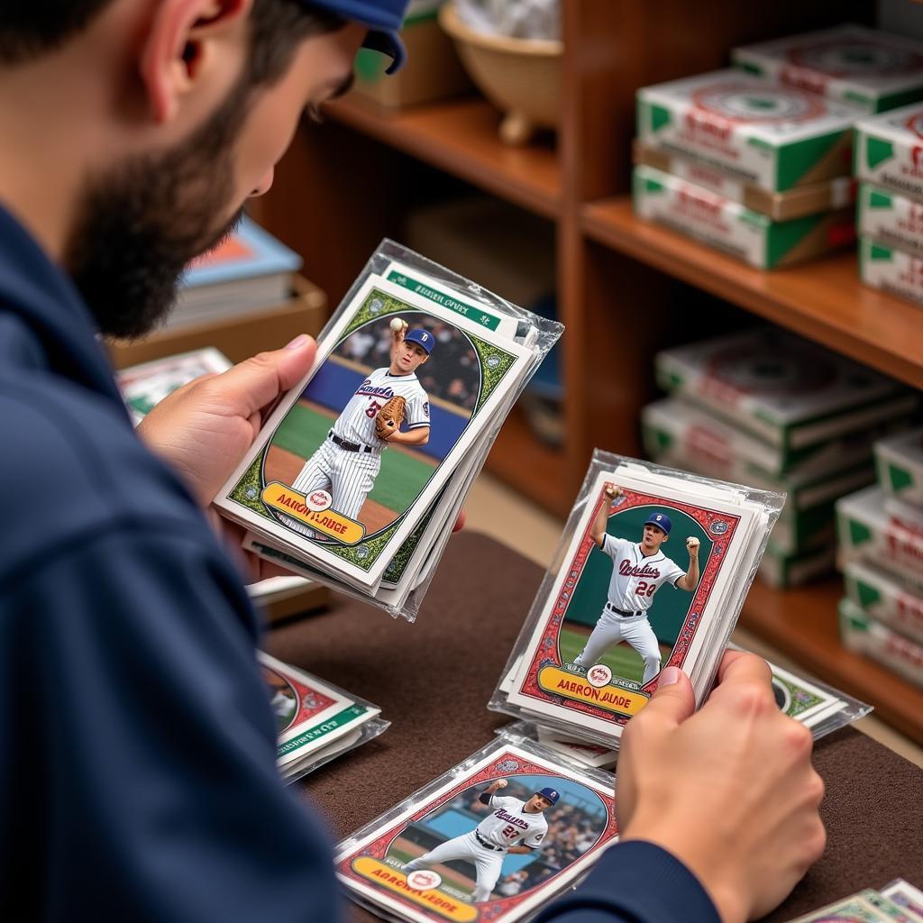  A collector searching through packs of 2023 Topps Heritage baseball cards, looking for the Aaron Judge card. 