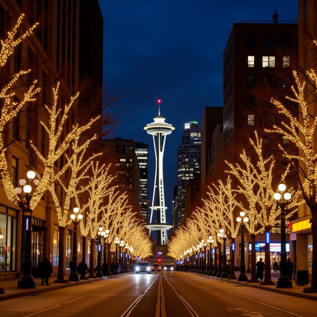 Enchanting display of holiday lights illuminating a Seattle street