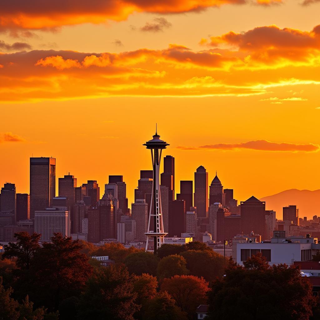 Seattle skyline illuminated against a vibrant autumn sky