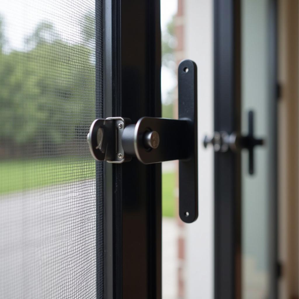 Close-up of a Robust Locking System on a Security Screen Door