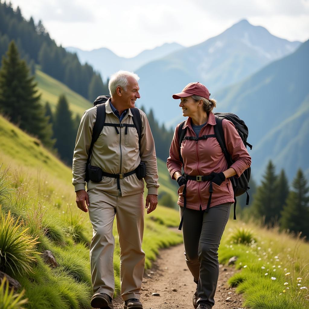 Senior couple hiking a mountain trail