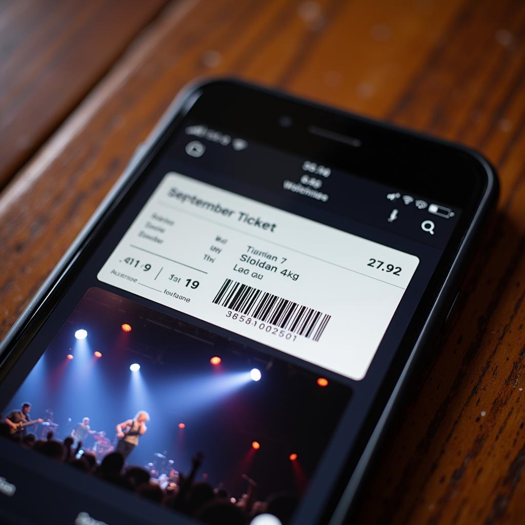 Mobile phone displaying concert tickets