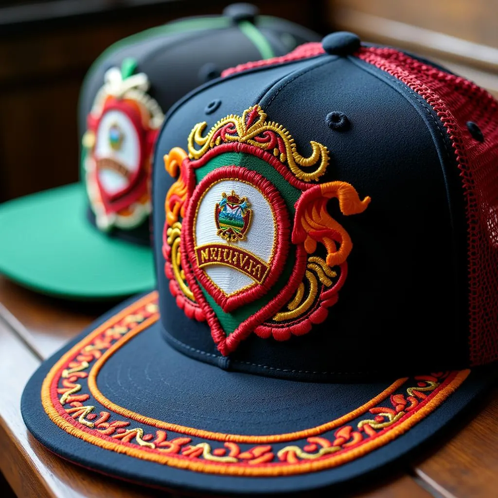 Close-up of a Serie del Caribe Mexico hat showcasing its intricate embroidery