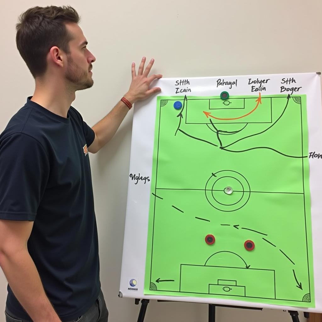 Seth Murphy explaining midfield positioning using a tactics board