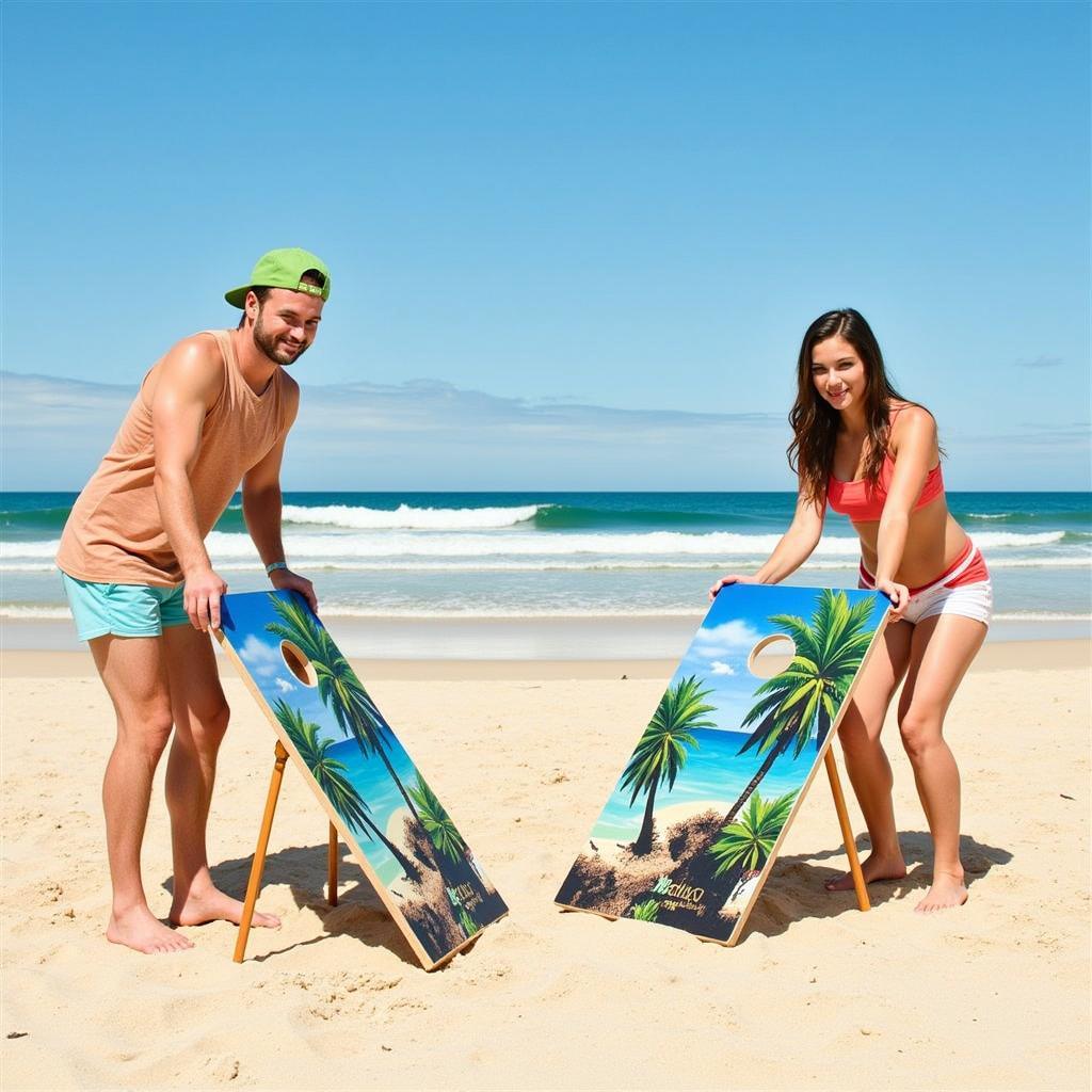 Setting Up Cornhole Boards on Beach