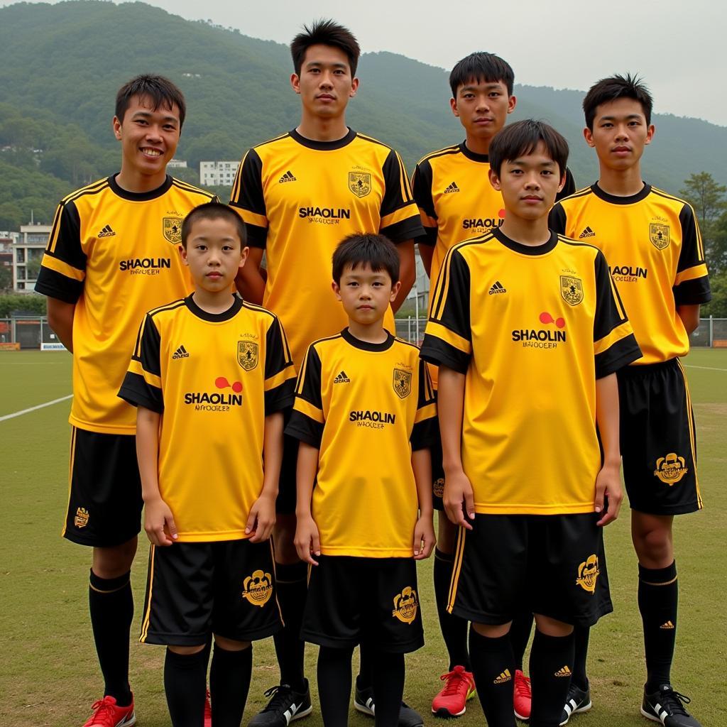 The Shaolin Soccer team sporting their iconic yellow and black jerseys