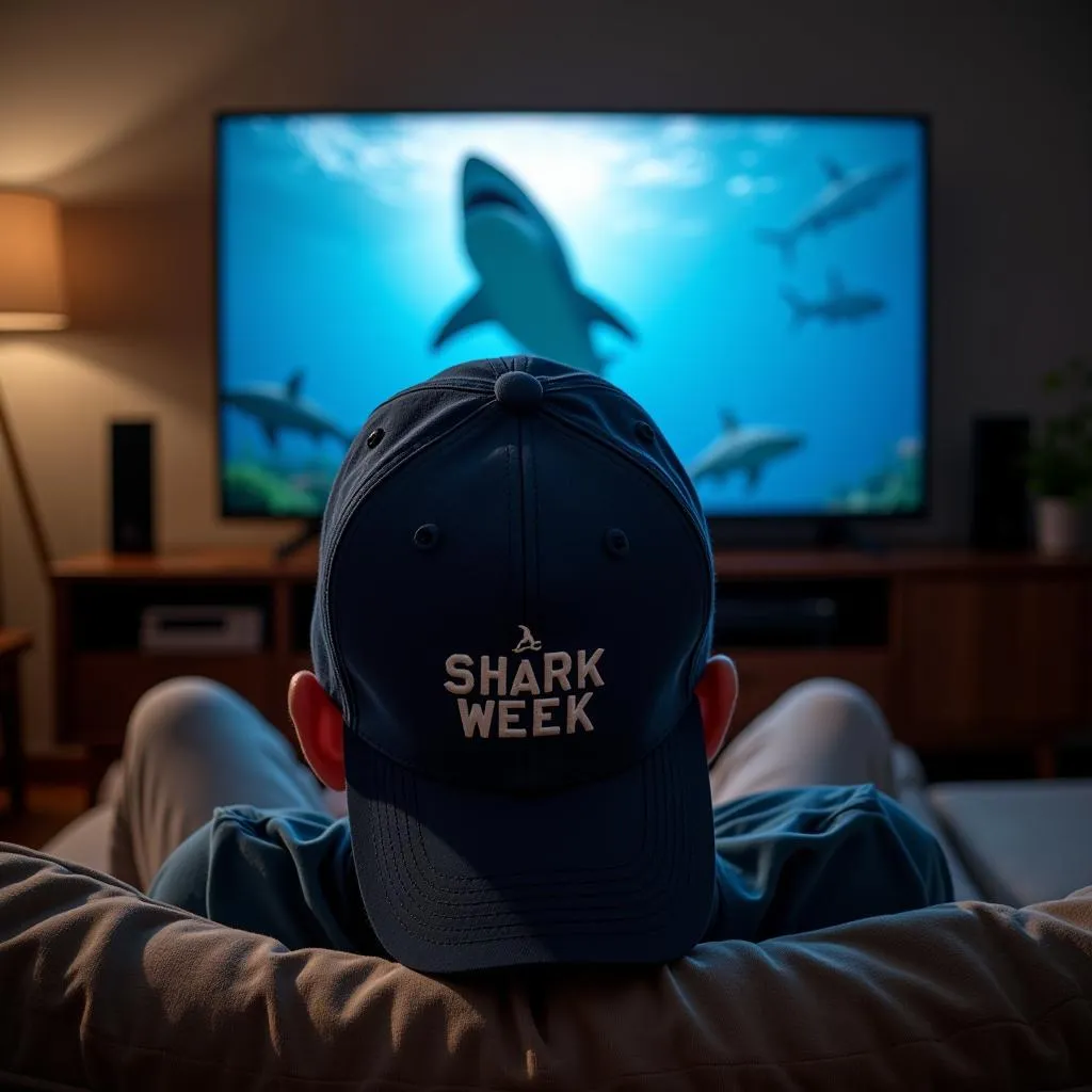 A person wearing a Shark Week cap while watching Shark Week