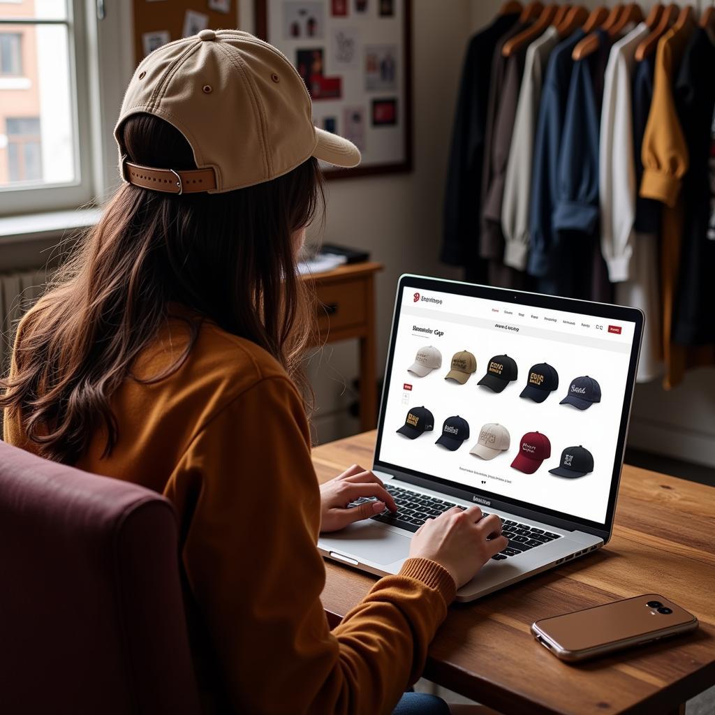 Person browsing Jesus caps on a laptop, surrounded by clothing racks.