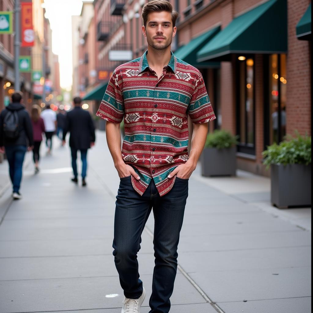 Man wearing a short sleeve Aztec shirt