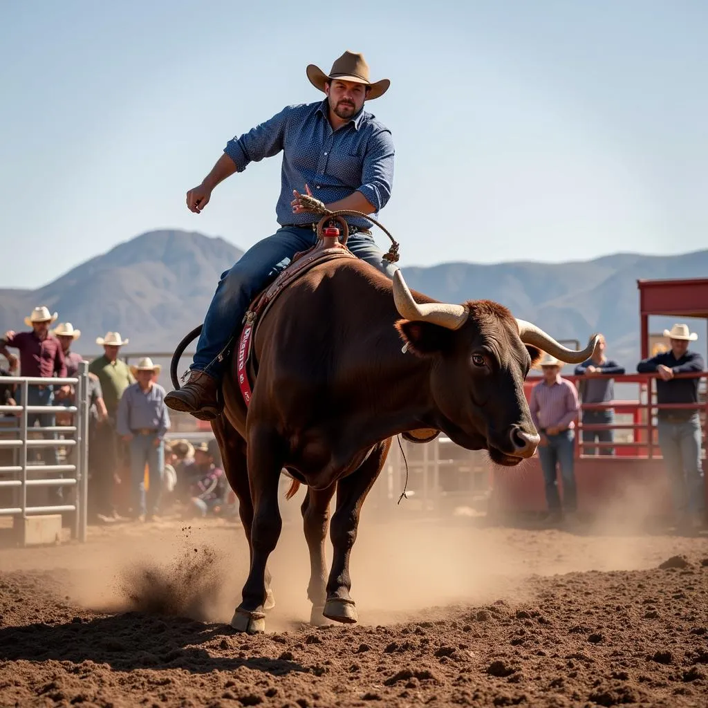 Cowboy competing in bull riding at the Show Low Rodeo