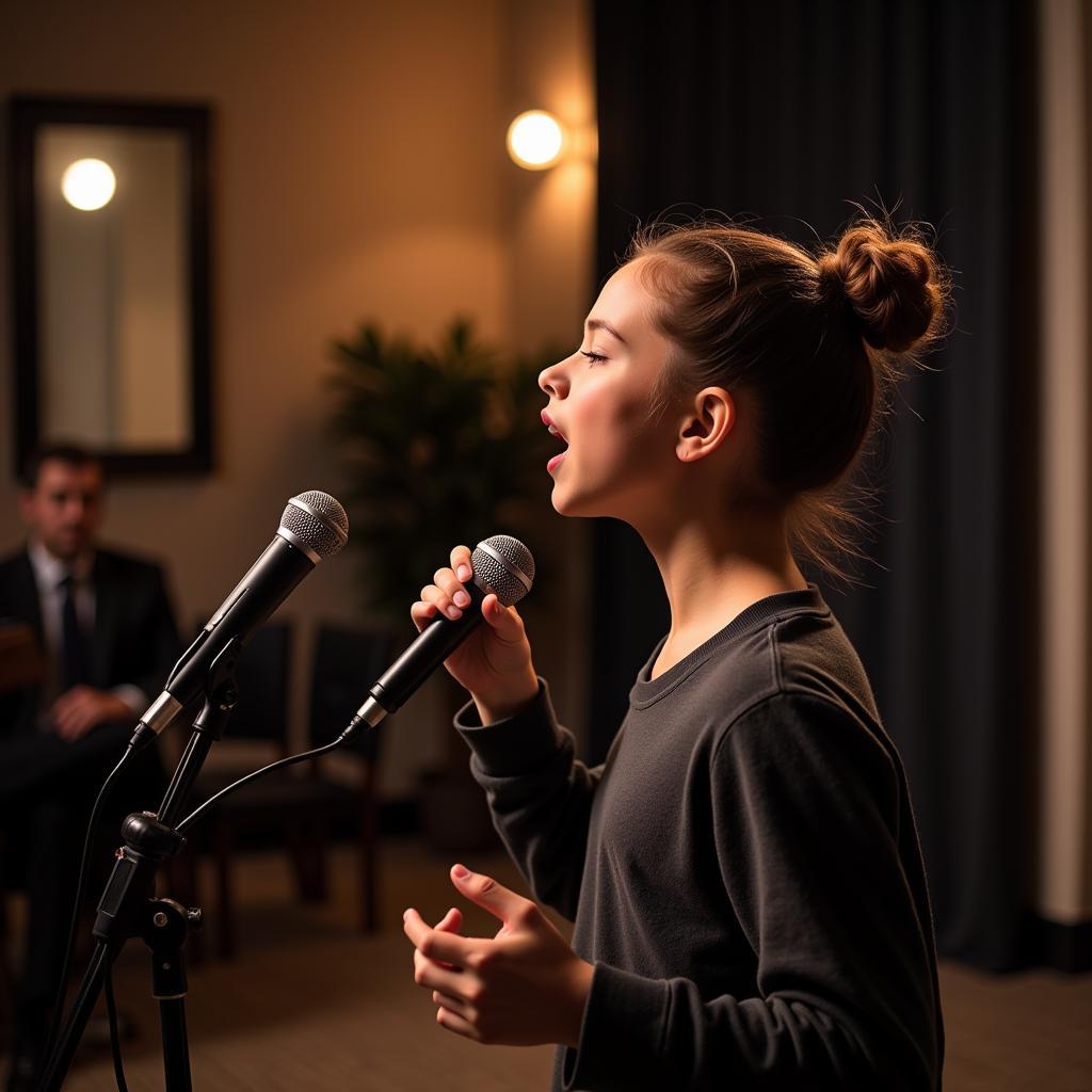 A young singer performing with a microphone in an audition room in Los Angeles