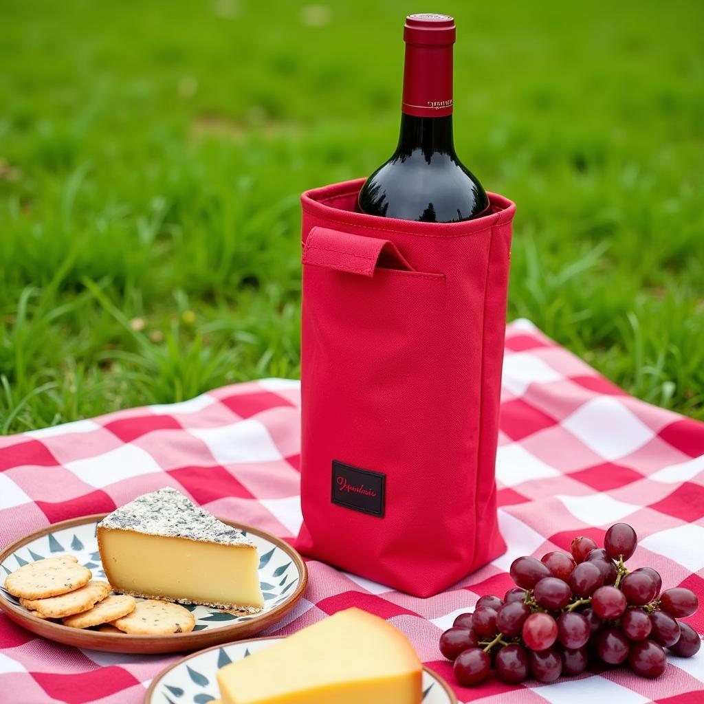 Insulated wine tote on a picnic blanket