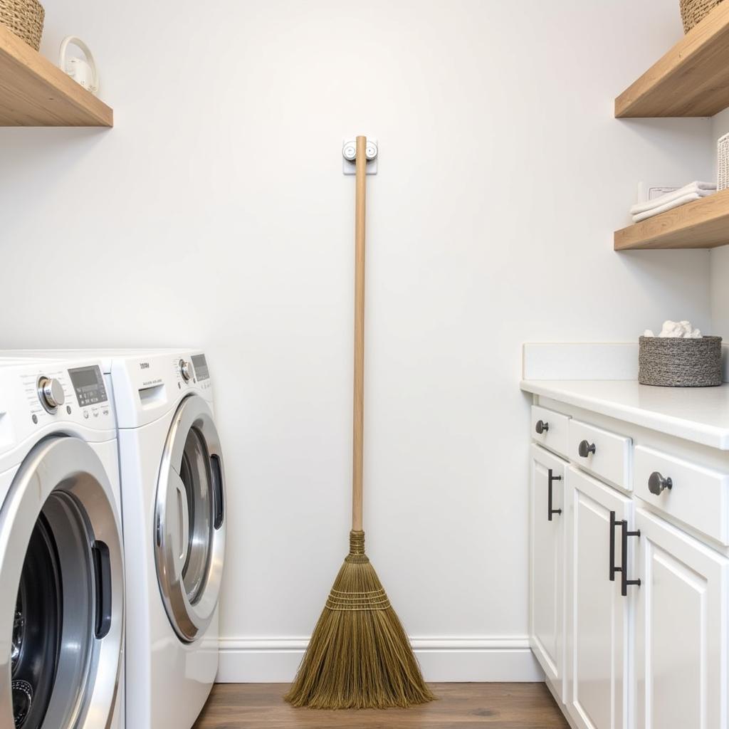 Single broom holder neatly organizing a broom in a laundry room