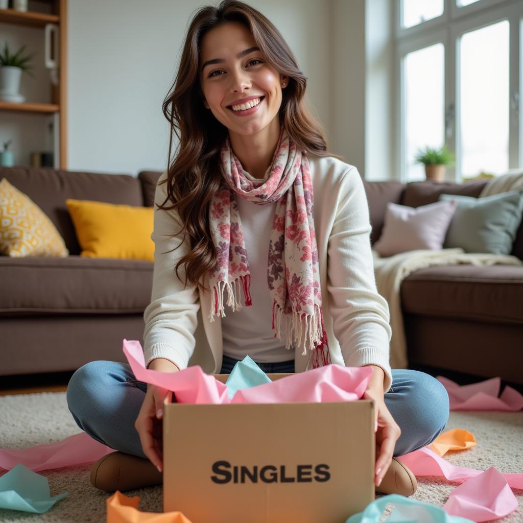 Excited woman unboxing a singles box subscription