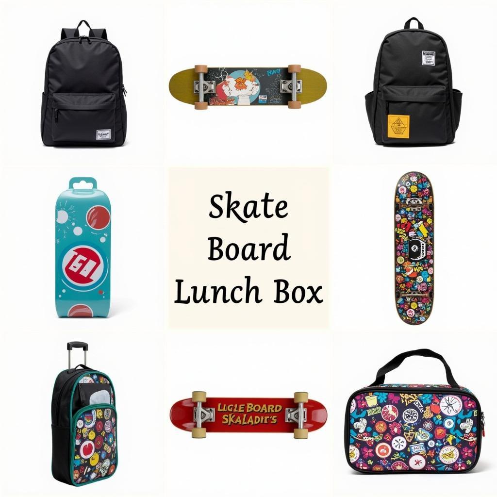 Different styles of skateboard lunch boxes