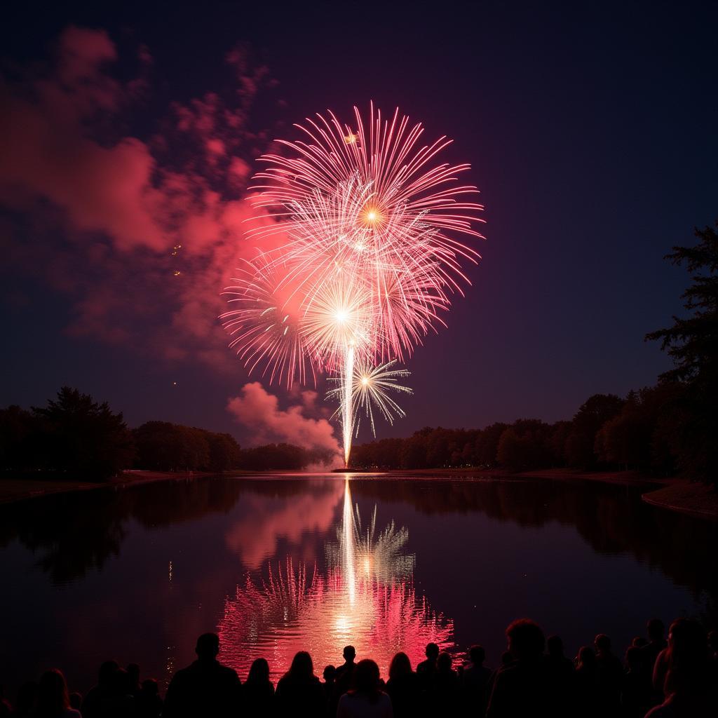 Fireworks exploding over a lake near Slater Iowa