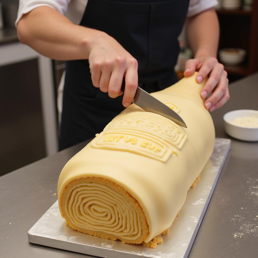 Baker carefully slicing and layering a Budweiser bottle cake