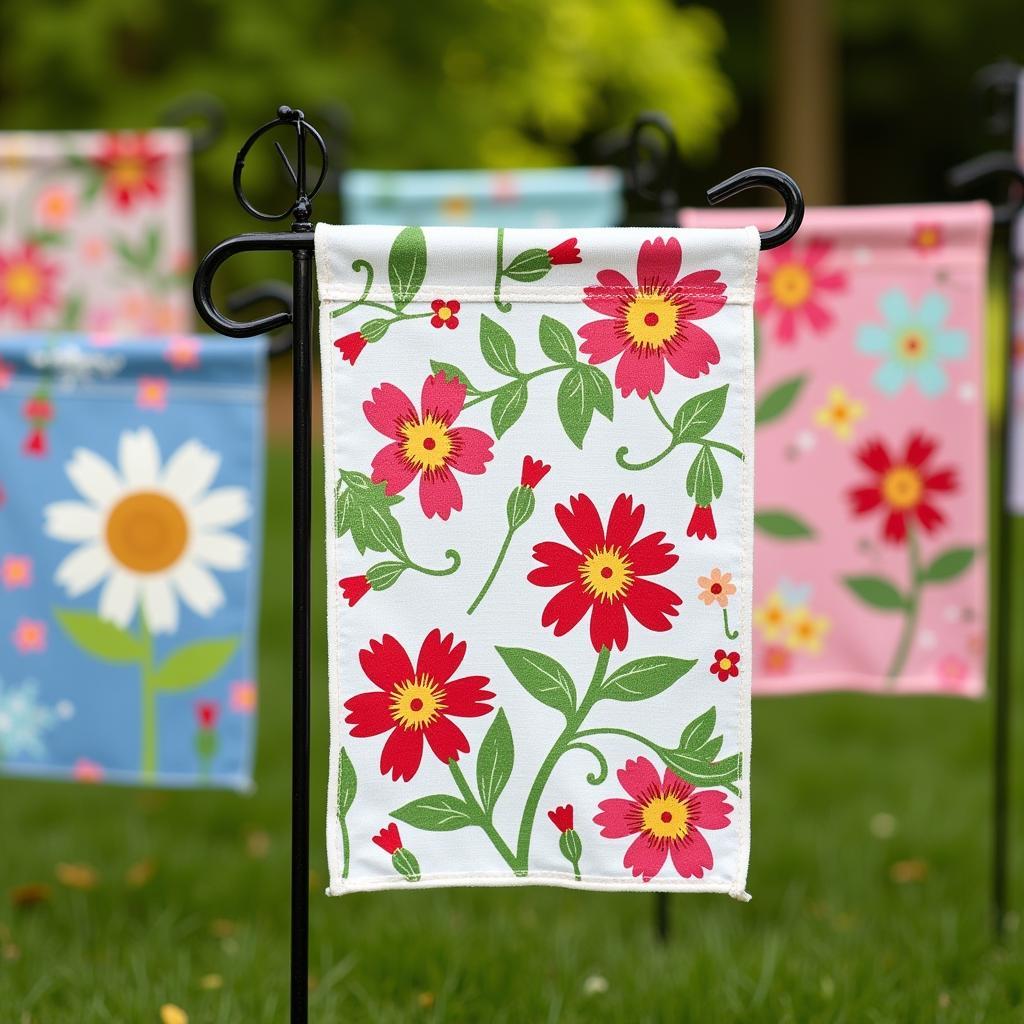 Small garden flags with colorful floral designs