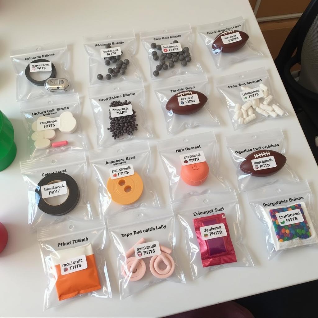 Small pill bags organized with football gear