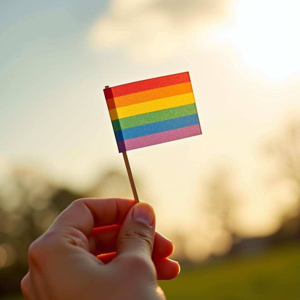 Hand holding a small pride flag on a stick