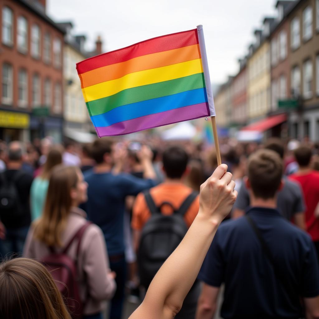 Small pride flag waving proudly in a crowd