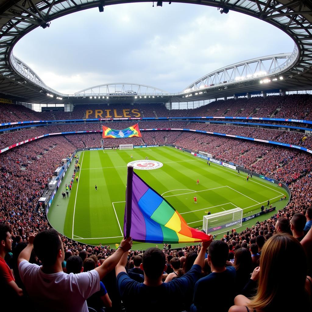 Soccer Fans Holding Up a Large Pride Flag in Stadium